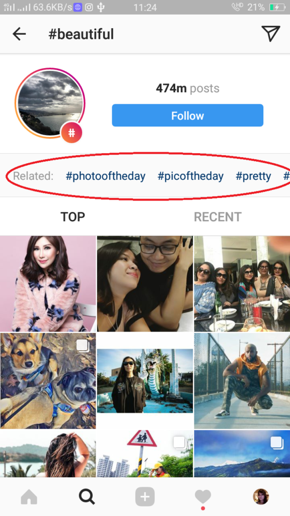 Showing related Instagram hashtags
