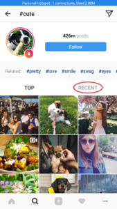 Recent tab of an Instagram hashtag