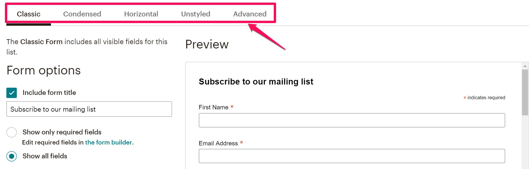 Choose the style of signup form in Mailchimp forms to embed into website
